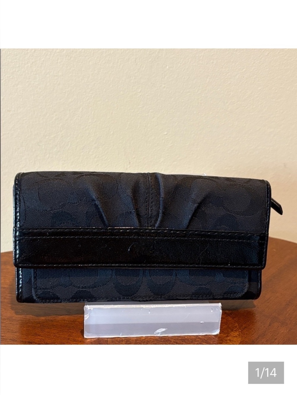 Coach  wallet  long wallet  signature monogram canvas/black patent leather trim